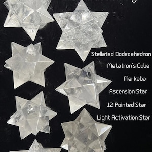 Clear Quartz Sacred Geometry featuring Stellated Dodecahedrons, also known as Merkaba, Ascension Stars, or Light Activation Stars. These 12-pointed crystals represent Metatron’s Cube and divine light. Perfect for meditation, energy work, and raising spiritual vibration.