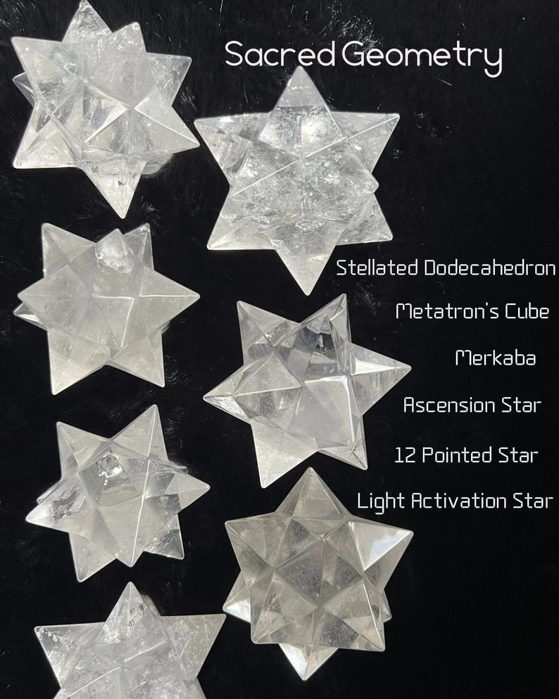 Clear Quartz Sacred Geometry featuring Stellated Dodecahedrons, also known as Merkaba, Ascension Stars, or Light Activation Stars. These 12-pointed crystals represent Metatron’s Cube and divine light. Perfect for meditation, energy work, and raising spiritual vibration.