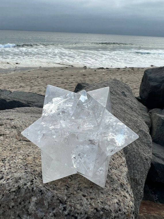XL Clear Quartz Stellated Dodecahedron: Sacred Geometry Crystal |  12 Pointed Star | Merkaba | Metatrons Cube
