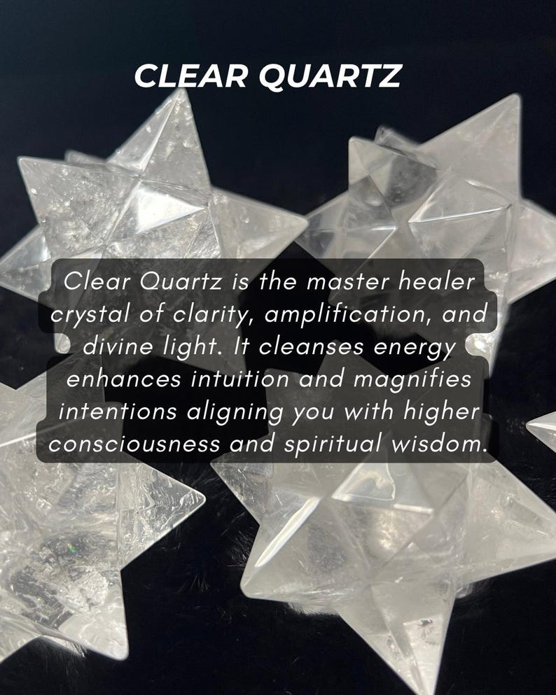 Clear Quartz Merkaba stars—master healer crystals that amplify energy, enhance intuition, and align intentions with higher consciousness. Known for clarity and divine light, these sacred geometry crystals support spiritual growth, manifestation, and deep energy cleansing.