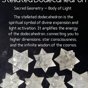 Clear Quartz Stellated Dodecahedron, a sacred geometry shape symbolizing light activation and divine expansion. This high-vibration crystal connects you to higher dimensions, cosmic wisdom, and star consciousness. Ideal for meditation, energy healing, and spiritual ascension.