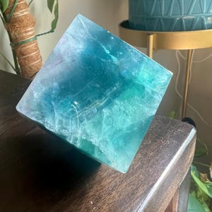 Blue Green Fluorite Crystal Fancy Cube: Reiki Infused Platonic Solid | Intuition | Cleanse Chakra | Focus |