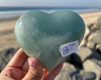 Lemurian Aquatine Calcite Puffy Heart: Reiki Infused Crystal (1 lb) | Spirit Guides  | Blue Onyx