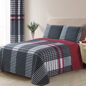 All American Collection New Plaid Printed Reversible Bedspread and Pillow Sham Set