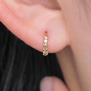 14K Solid Gold Star Hoop Earring, Solid Gold Minimalist Star Earlobe Cartilage Helix Huggie Hoop, 14K Gold Dainty Celestial Huggie Earring