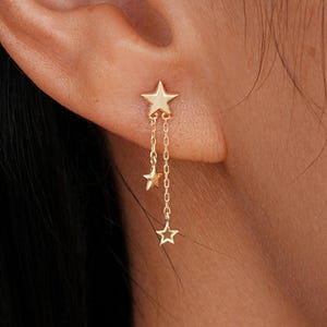 14K Solid Gold Dangle Star Stud Earring, Celestial Dangle Cable Chain Cartilage Piercing, Gold Polaris Meteor Earlobe Butterfly Back Stud