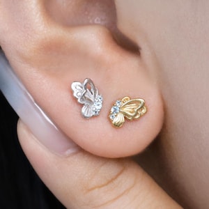 Sterling Silver Aquamarine Double layer Butterfly Stud Earring, Gold Gemstone Piercing, Earlobe Cartilage Jewelry, Butterfly Back Closure