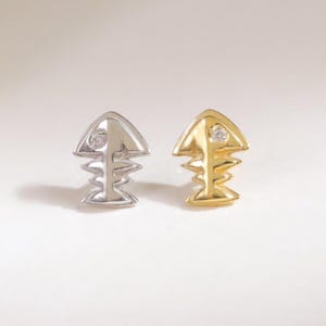 Sterling Silver Diamond Fish Bone Screw Back Earring, 14K Gold Plated CZ Fishbone Cartilage Stud, Threaded Pin Helix Conch Piercing Jewelry