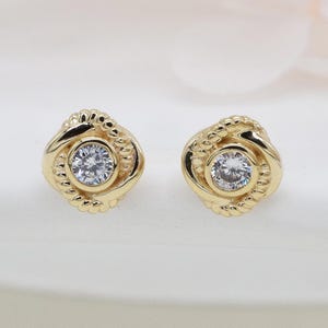 14K Solid Gold Diamond Rose Stud Earring, Dainty Gold Gemstone Flower Earlobe Stud, Gold Floral Cubic Zirconia Butterfly Back Earring