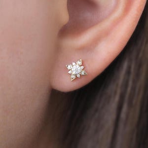 Brinco de moissanita em forma de estrela, ouro maciço 14K, pequeno diamante, lóbulo da orelha, cartilagem, estrela celestial, octogonal brilhante, borboleta, nas costas