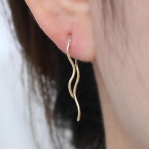 14K Solid Gold Dangle Wave Bar Stud Earring, Gold Long Cable Chain Drop, Dangle Chain Earlobe Cartilage Piercing, Gold Threader Earrings