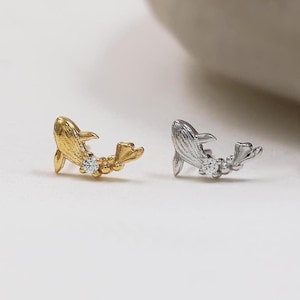 Sterling Silver Tiny Diamond Whale Shaped Stud Earring, 14K Gold Plated Gemstone Fish Push Back Stud, Animal Shaped Helix Cartilage Piercing