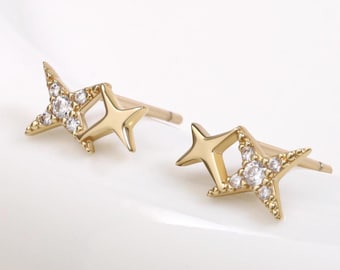 10K&14K Solid Gold Diamond Star Stud Earring, CZ Celestial Design Cartilage Piercing, Polaris North Star Earlobe  Butterfly Back Closure