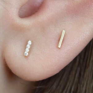 14K Solid Gold T Shape Diamond Stud, Line Shape Cubic Zirconia Helix Conch Earlobe Piercing, Solid Gold Gemstone T Bar Butterfly Back Stud