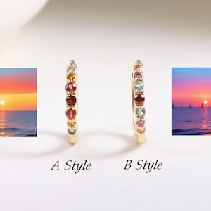 14K Solid Gold Sunrise and Sunset Hoop Kolczyki, Delikatne Solid Gold Kolorowe Kamień Szlachetny Huggie Hoop, Maleńkie Tęczowe Złote Zawiasy Kolczyki