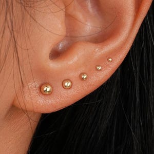 14K Solid Gold Tiny Ball Helix Cartilage Piercing, Real Gold Bead Dot Earlobe Stud Earring, Dainty Hollow Ball Conch Butterfly Back Stud
