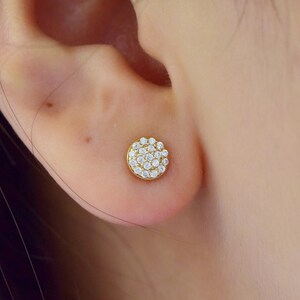 14K Solid Gold Round Diamond Stud Earring, Shining Pave Gemstone Earlobe Cartilage Piercing, Tiny Gold Cubic Zirconia Butterfly Back Jewelry