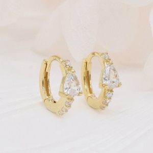 14K Solid Gold 6.5mm Helix Earring, Pear Cubic Zirconia Cartilage Earrings, Gold Hoop, Tragus Piercing, Helix Piercing, second piercing.