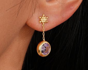 Sterling Silver Amethyst Snowflake Drop Earring, 14K Gold Plated Dangle Engraved Crystal Earlobe Stud, Winter Gemstone Butterfly Back Stud