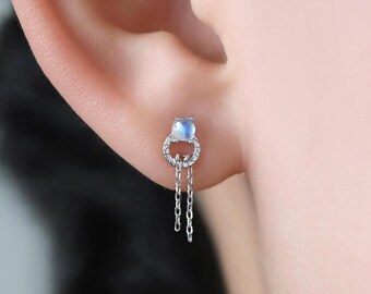Sterling Silver Moonstone Stud, 14K Gold Plated Dangle Cable Chain Earlobe Stud, 14K Tiny Gemstone Drop Chain Butterfly Back Stud Earring
