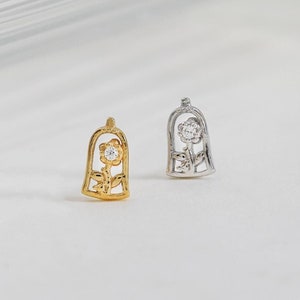 Sterling Silver Dainty Rose in Glass Stud Earring, 14K Gold Cubic Zirconia Threadless Push Pin, Conch Helix Flat Back Cartilage Piercing