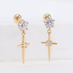 14K Solid Gold Diamond Cross Stud Earring, Gold Dangle Gemstone Shining Star Screw Back Earring, Gold Cubic Zirconia Earlobe Earring Stud