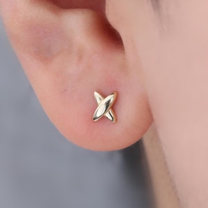 14k Solid Gold X Stud Earring, Gold Minimalist Screw Back Earring, Small X Shape Screw Ball Stud Earring, Solid Gold Stud, Gift for her