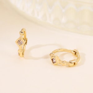 10K Solid Gold 6.5mm Cubic Zircon Hoop Earrings, Gold Couch Daith Helix Tragus Huggie Hoop Earring, Tiny Diamond Cartilage Hoop Earring