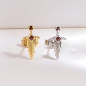 Sterling Silver Garnet Sword Stud, 14K Gold Plated Dainty Red Garnet Earlobe Stud, 14K Tiny Gemstone Sword Butterfly Back Stud Earring