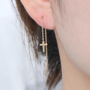 14K Solid Gold Cross Threader Earring, Drop Cross with Long Flash O Chain Stud Piercing, Dangle Multiple Wear Earlobe Cartilage Earring