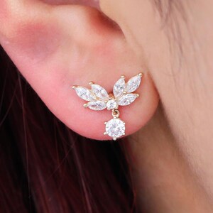 14K Solid Gold Diamond Angel Wing Stud Earring, Solid Gold Sparkling Gemstone Earlobe Stud, Dainty Dangle Cubic Zirconia Wing Piercing
