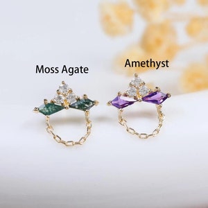 14K Solid Gold Moss Agate/Amethyst with Moissanite Stud Earring, Solid Gold Dangle Chain Stud Earring, Gold Gemstone Cable Chain Earring