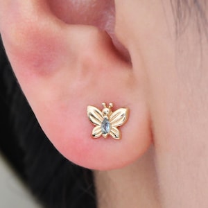 14K Solid Gold  London Blue Topaz Butterfly Stud, Real Gold Marquise Cut Gemstone Earlobe Helix Stud, Gold Topaz Butterfly Back Piercing