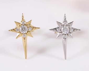 Sterling Silver Diamond Star Stud, 14K Gold Plated Moissanite Celestial Earlobe Stud, 14K Tiny Gemstone Star Butterfly Back Stud Earring