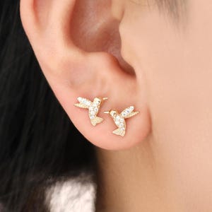 14K Solid Gold Diamond Bird Stud Earring, Gold Gemstone Butterfly Back Earring, Solid Gold Mirrored Animal Cubic Zirconia Earlobe Earring