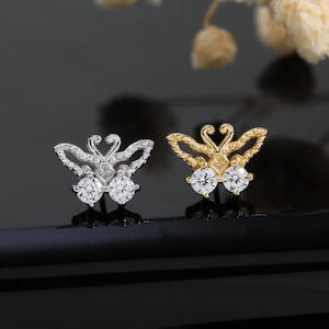 Sterling Silver Butterfly Shaped Helix Piercing, 14K Gold Plated Diamond Heart Stud, Gold Diamond Earlobe Conch Threadless Push Pin Earring