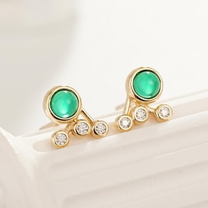 14K Solid Gold Green Chrysoprase with Moissanite Earring, Gold Bezel Set Gemstone Earlobe Stud, Real Gold Butterfly Back Cartilage Piercing