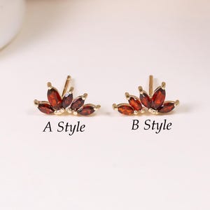 14K Solid Gold Garnet Flower Earring, Solid Gold Gemstone Climber Floral Earlobe Stud, Real Gold Red Garnet Petal Butterfly Back Piercing