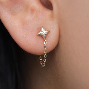 14K Solid Gold Diamond Star Lobe Stud Earring, Gold Dangle Cable Chain Polaris Earlobe Piercing, Celestial Flash O Chain Butterfly Back Stud