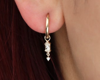 14K Solid Gold Dangle Diamond Lantern Charm Hoop, Gold CZ Helix Conch Charm, Gold Dangle Gemstone Lighthouse Piercing Charm