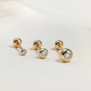 14K Solid Gold 2mm 3mm 4mm Ball Screw Back Stud Earrings, Solid Gold Cubic Zirconia Ball Stud Earrings, Gemstone Gold Screw Ball Earring