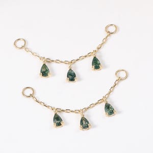 14K Solid Gold Dangle Moss Agate Chain, 14K Gold Cartilage Charm, Gold Helix Green Gemstone Cable Chain, Nose Helix Chain Attachment