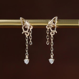 14K Solid Gold Schmetterling Diamant Ohrstecker, Solid Gold Dangle Kette mit Edelstein Schmetterling Zurück Ohrring, 14K Cubic Zirconia Ohrstecker