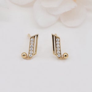 14K Solid Gold Music Note Earring,Diamond Music Note Earring,Gold Stud Earrings.