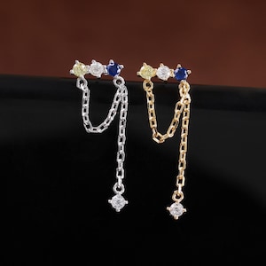 Sterling Silver Chain Dangle Stud Earring, 14K Gold Plated Colorful Cubic Zirconia Push Back Stud, Silver Simulated Diamond Earlobe Piercing