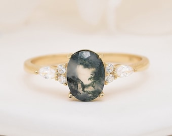 14k Solid Gold Moss Agate Ring, Solid Gold Dainty Stackable Ring, Gold Gemstone Elegant Ring, Handcrafted Natural Gemstone Jewelry