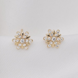 14K Solid Gold Diamond Flower Stud Earring, Dainty Gemstone Snowflake Earlobe Cartilage Helix Piercing, Gold Star Butterfly Back Earring