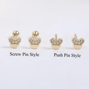 14K Solid Gold Diamond Mickey Mouse Earring,  CZ Earlobe Cartilage Screw Back Threaded Stud, Minimalist Mickey Helix Butterfly Back Piercing