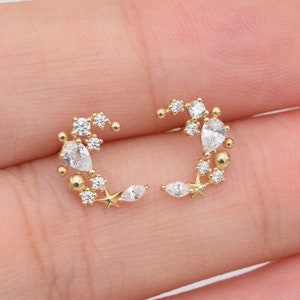 10K Solid Gold Crescent Diamond Stud Earring, Gold Cubic Zirconia Moon Stud, Solid Gold Shining Gemstone Butterfly Back Moon Earring