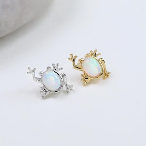 Sterling Silver Opal Frog Shaped Stud, 14K Gold Plated Gemstone Piercing, Gold Threadless Push Pin Stud, Animal Helix Conch Tragus Nose Stud